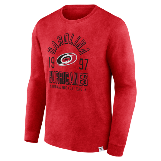 Front: Red long sleeve that says Carolina Hurricanes 1997 National Hockey League with Hurricanes logo in center
