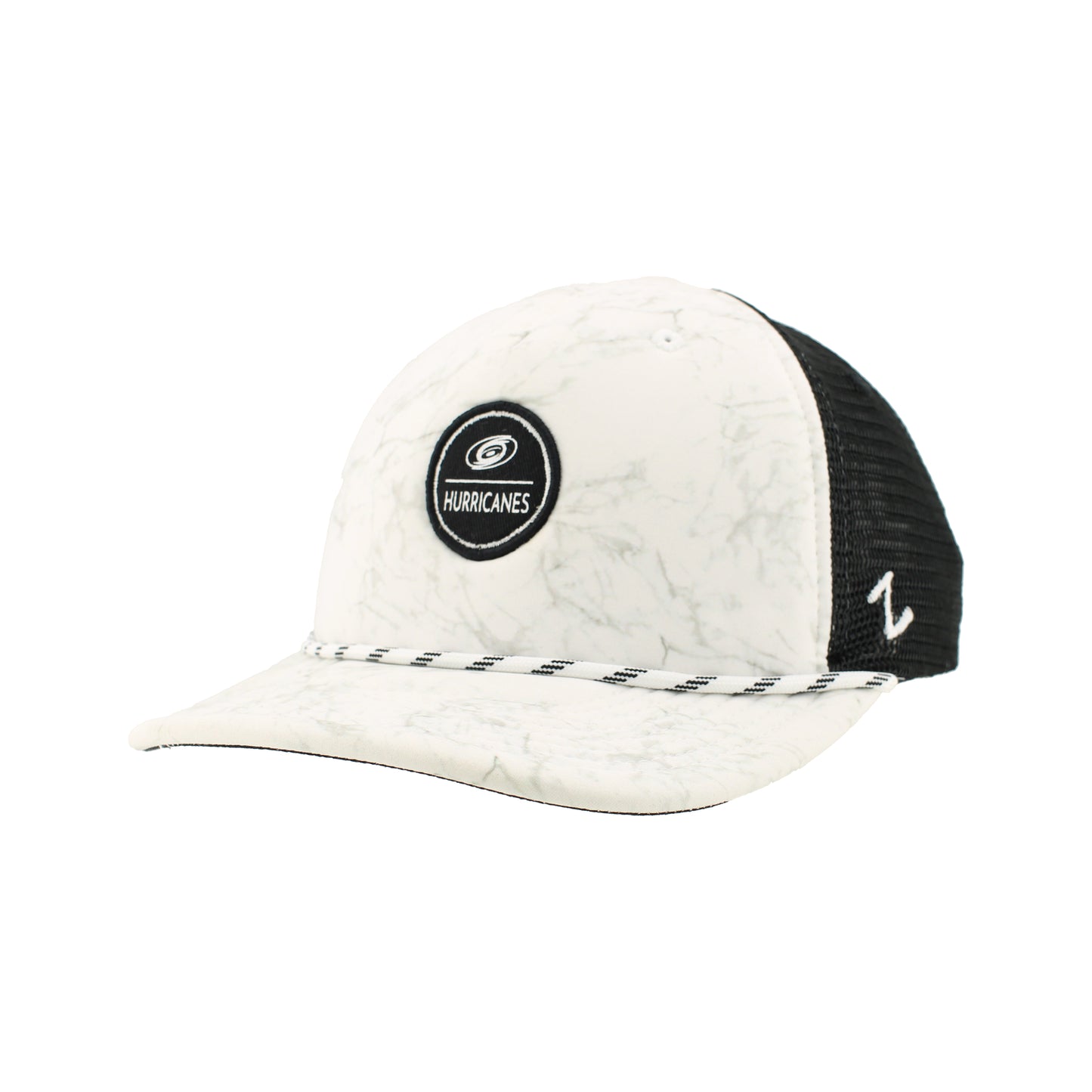 Side: Marble colored hat with white rope on brim, black and white circular graphic on front