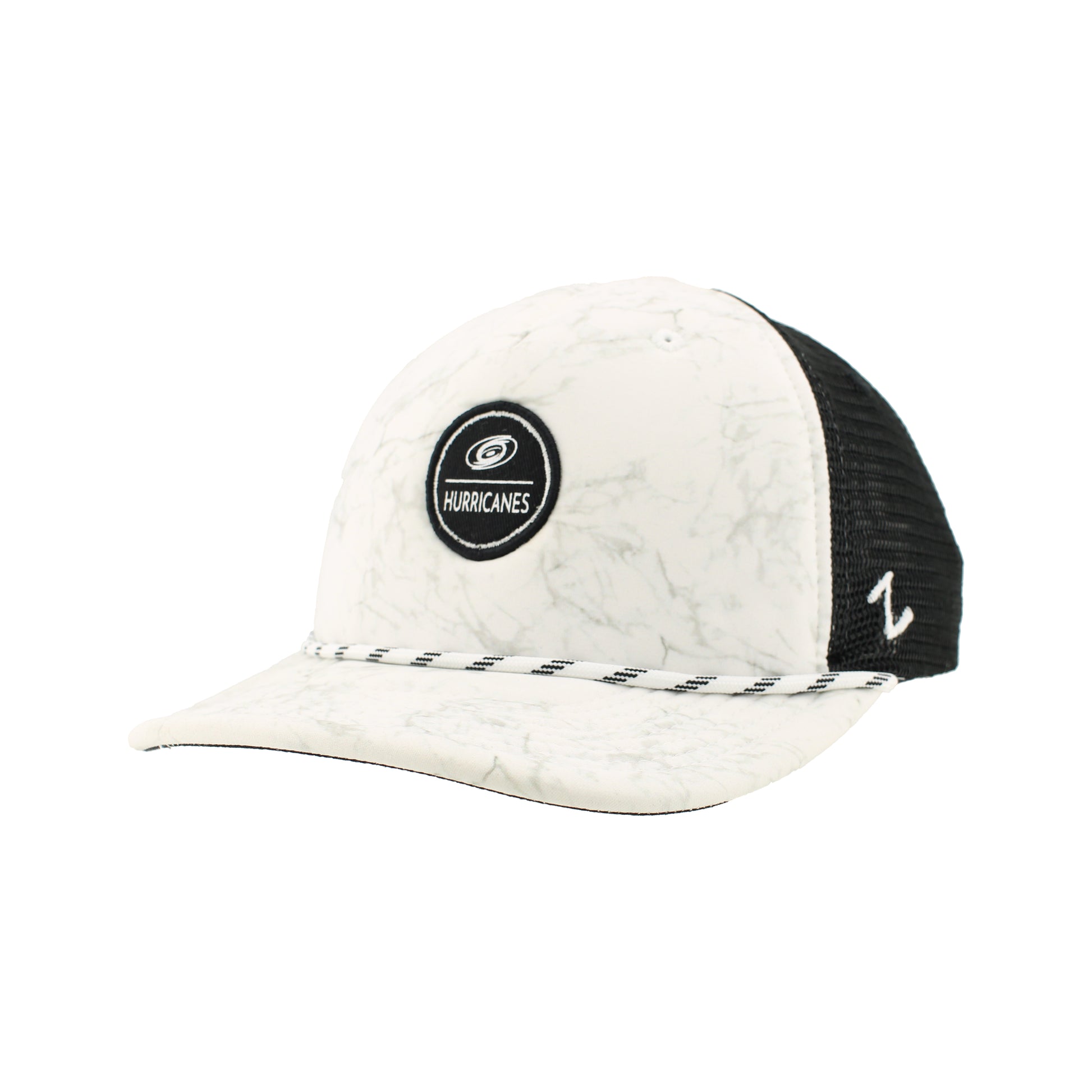 Side: Marble colored hat with white rope on brim, black and white circular graphic on front
