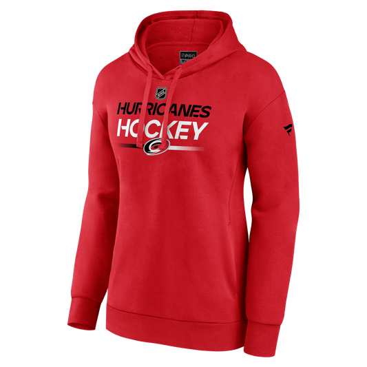 Front: Red hoodie with Hurricanes Hockey in black and white with NHL and Hurricanes logos
