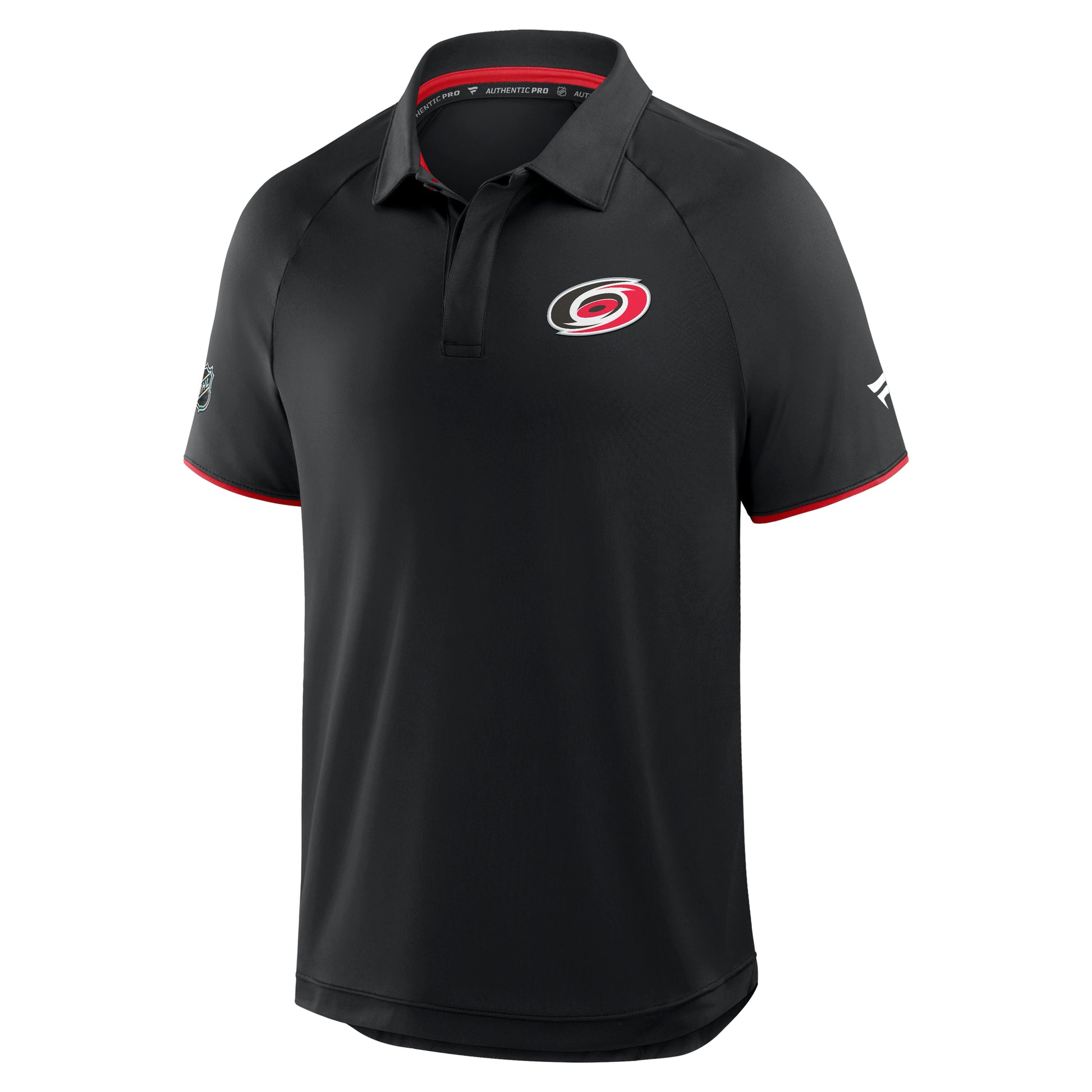 Front: Black polo, red trim on sleeves, Primary logo on left chest