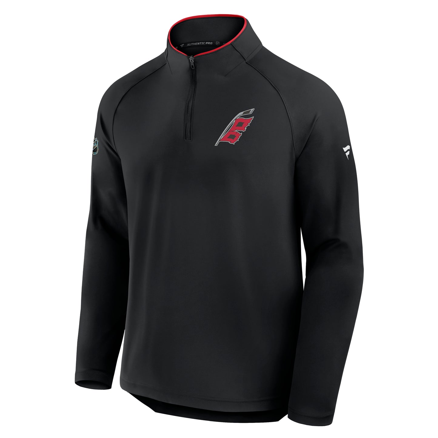 Front: Black quarter-zip, red trim around collar, Flags logo on left chest