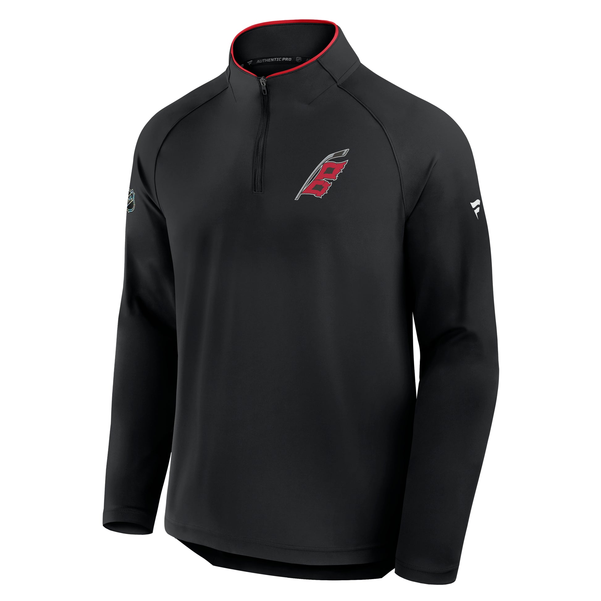 Front: Black quarter-zip, red trim around collar, Flags logo on left chest