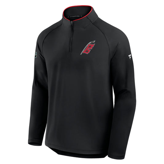 Front: Black quarter-zip, red trim around collar, Flags logo on left chest
