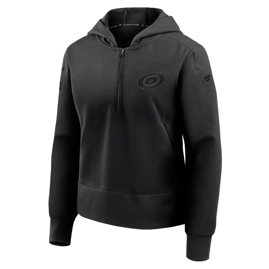 Front: Black quarter-zip with hood, blackout Primary logo on left chest