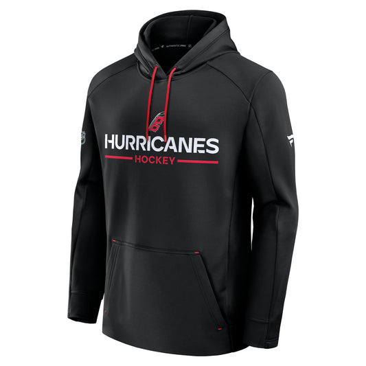 Front: Black hoodie, red strings, "Hurricanes Hockey" in white and red with Flags logo