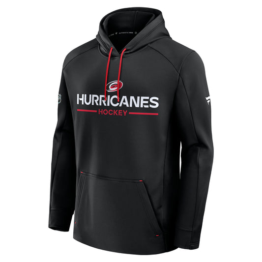 Front: Black hoodie, "HURRICANES HOCKEY" in red and white on front with primary logo