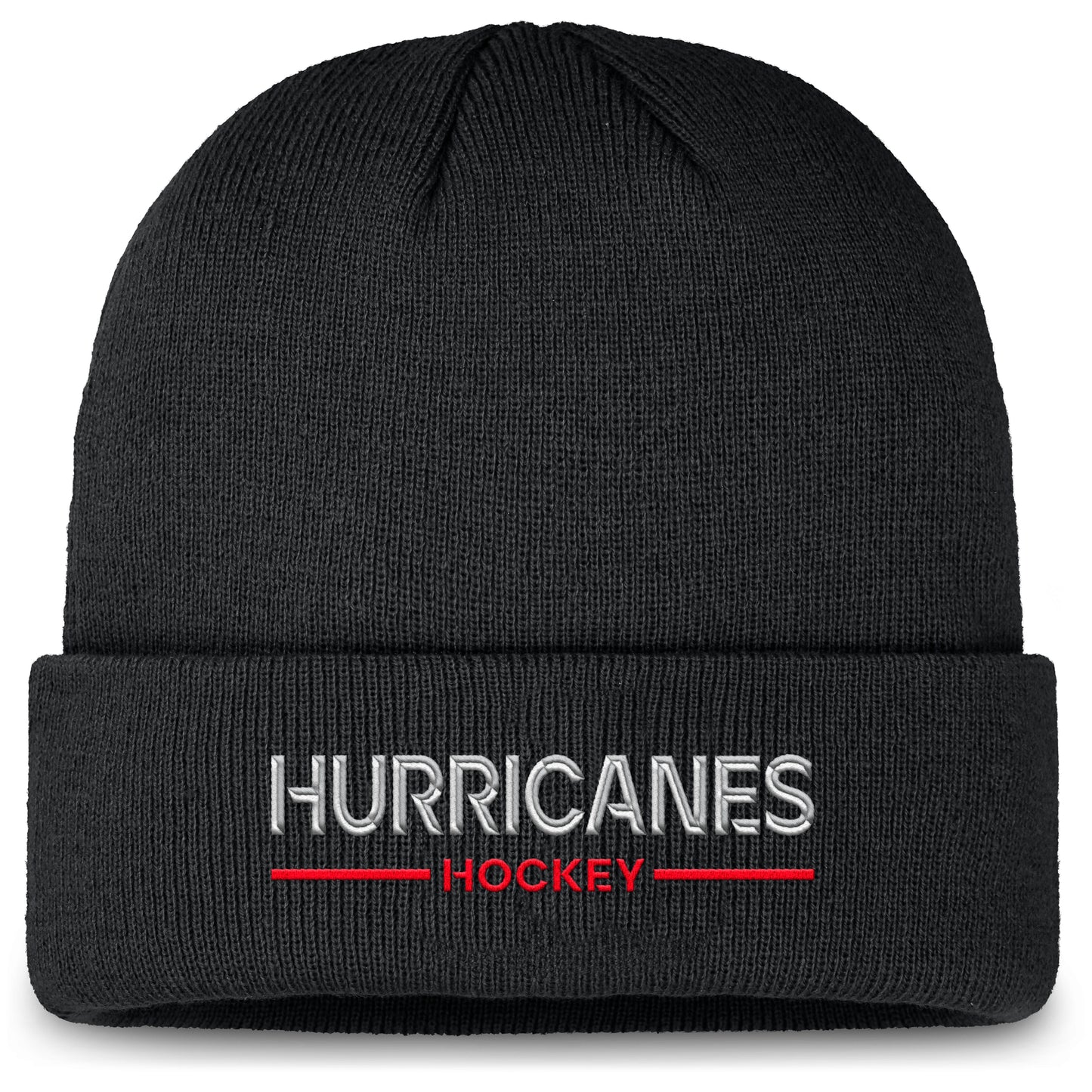 Black cuffed beanie, "Hurricanes Hockey" in silver and red