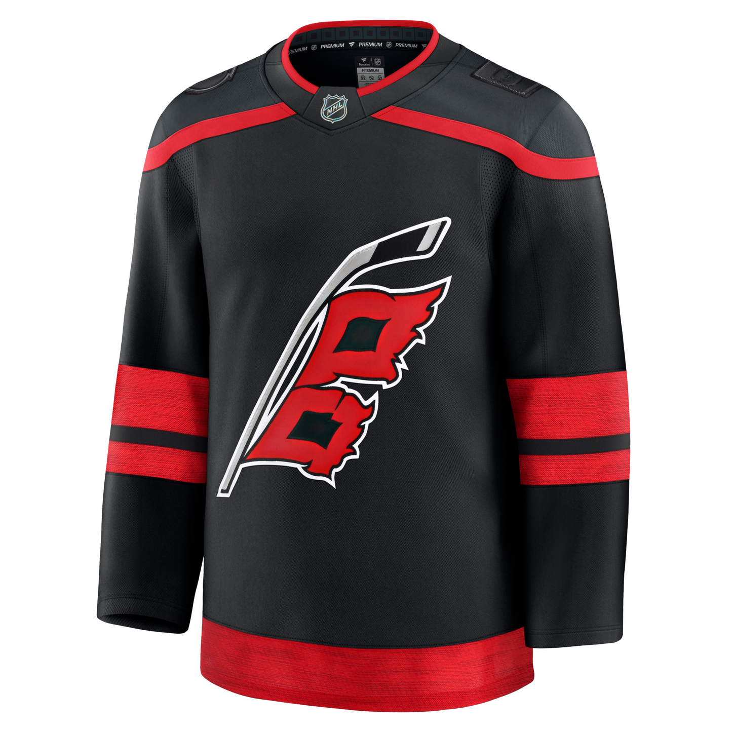 Front: black jersey with dark gray shoulders and red trim, Flags logo on front