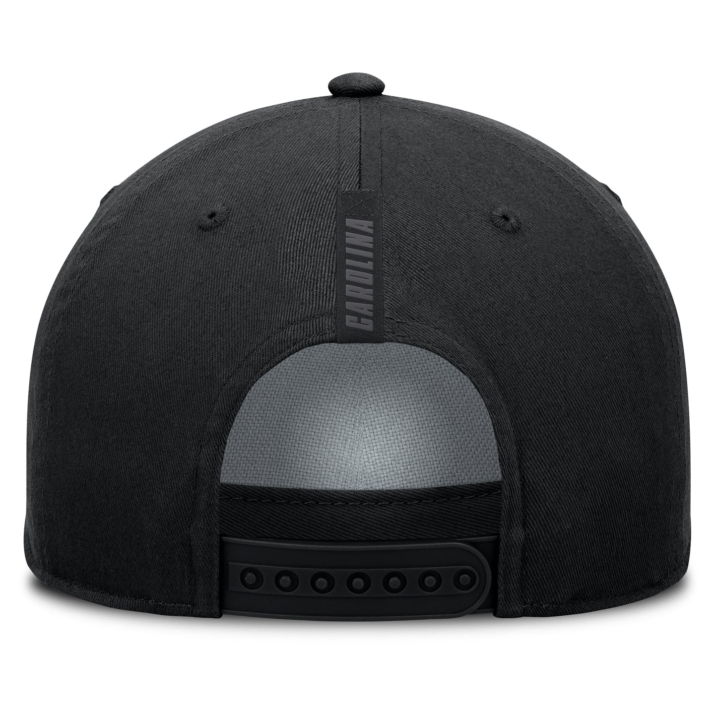 Back: Black hat with black snapback straps, "CAROLINA" vertically in black