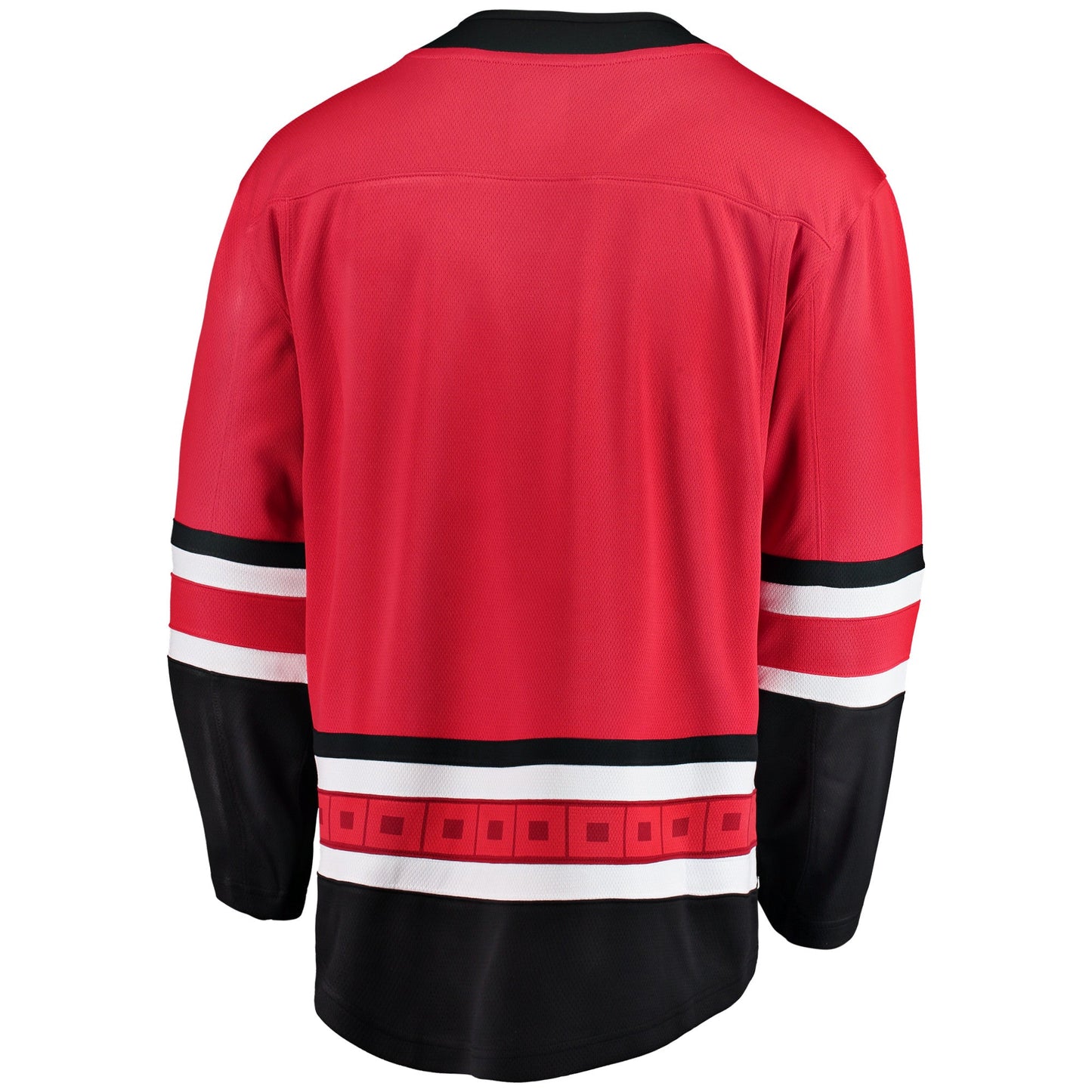 Back: red jersey with black and white trim, flag striping pattern at waist