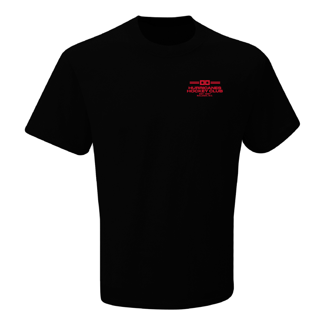 Front: Black tee, says "Hurricanes Hockey Club Est. 1997 Raleigh NC" in red on left chest