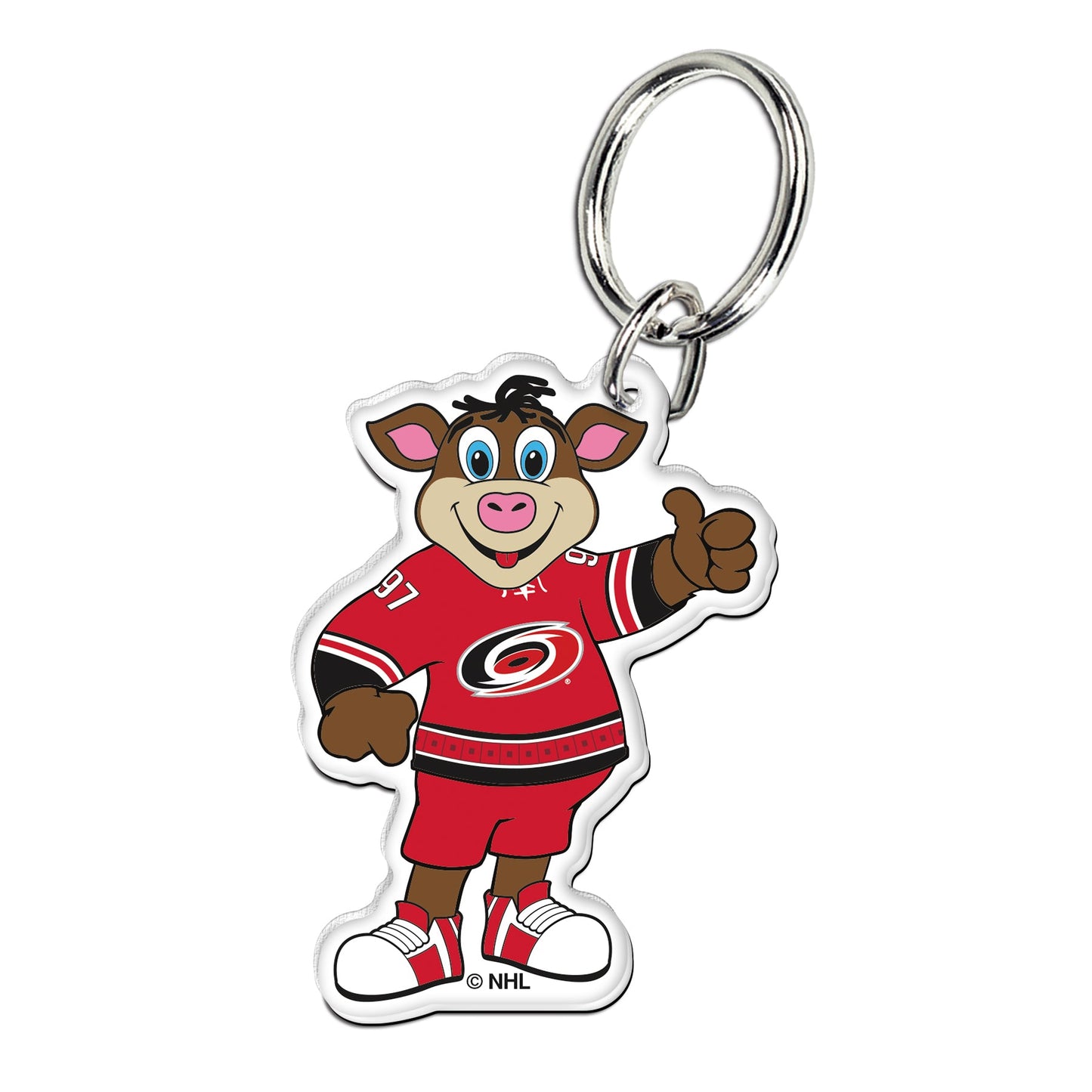 Keyring featuring Stormy the Ice Hog in a red Hurricanes uniform