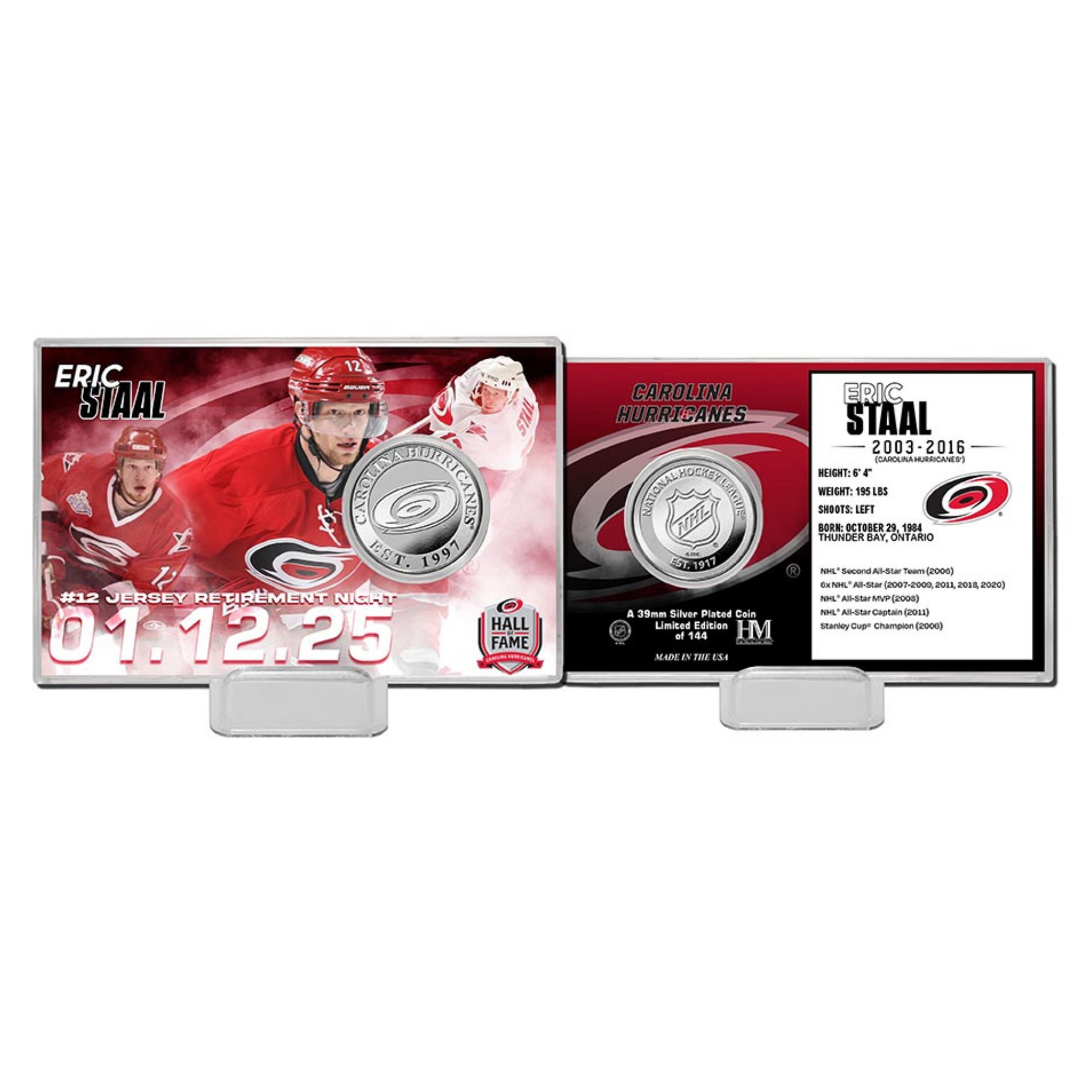 Front and back of commemorative acrylic coin in special Eric Staal display case