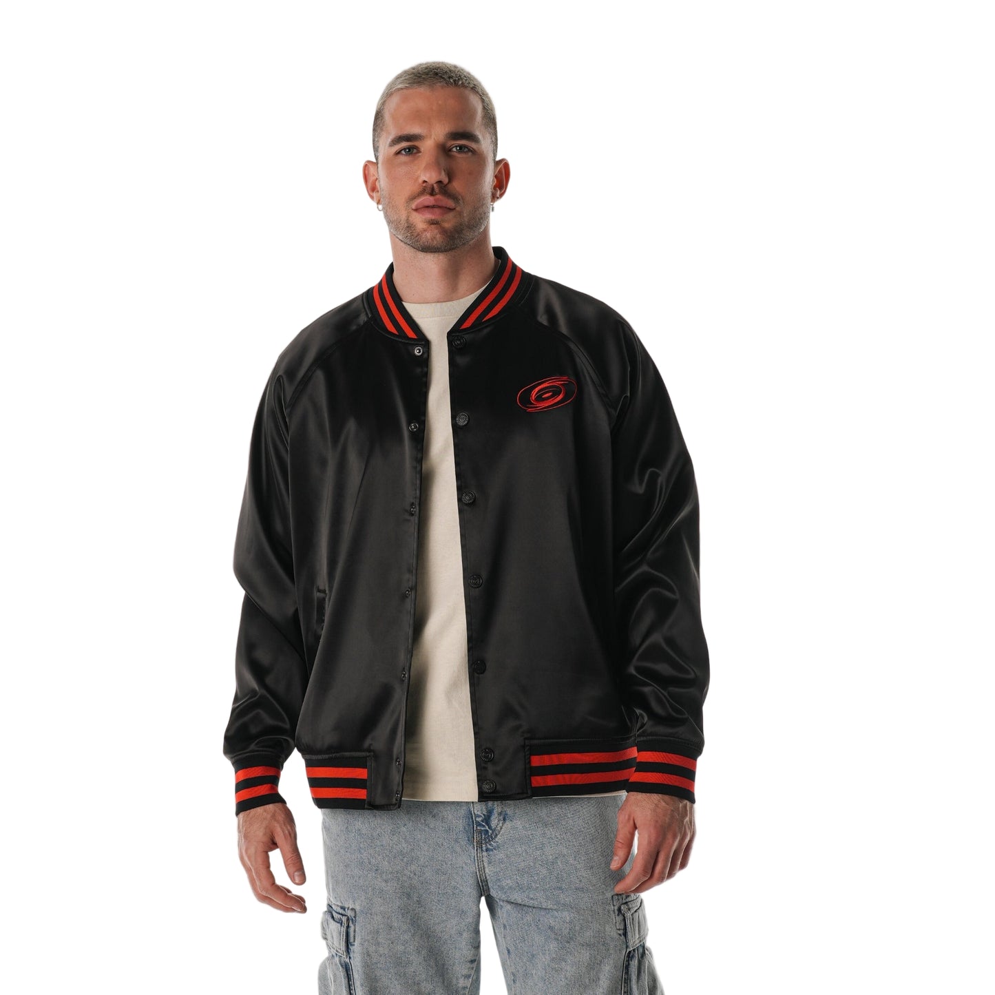 Front: Black satin bomber jacket, Tonal logo on chest, red stripes on neck, waist, wrists