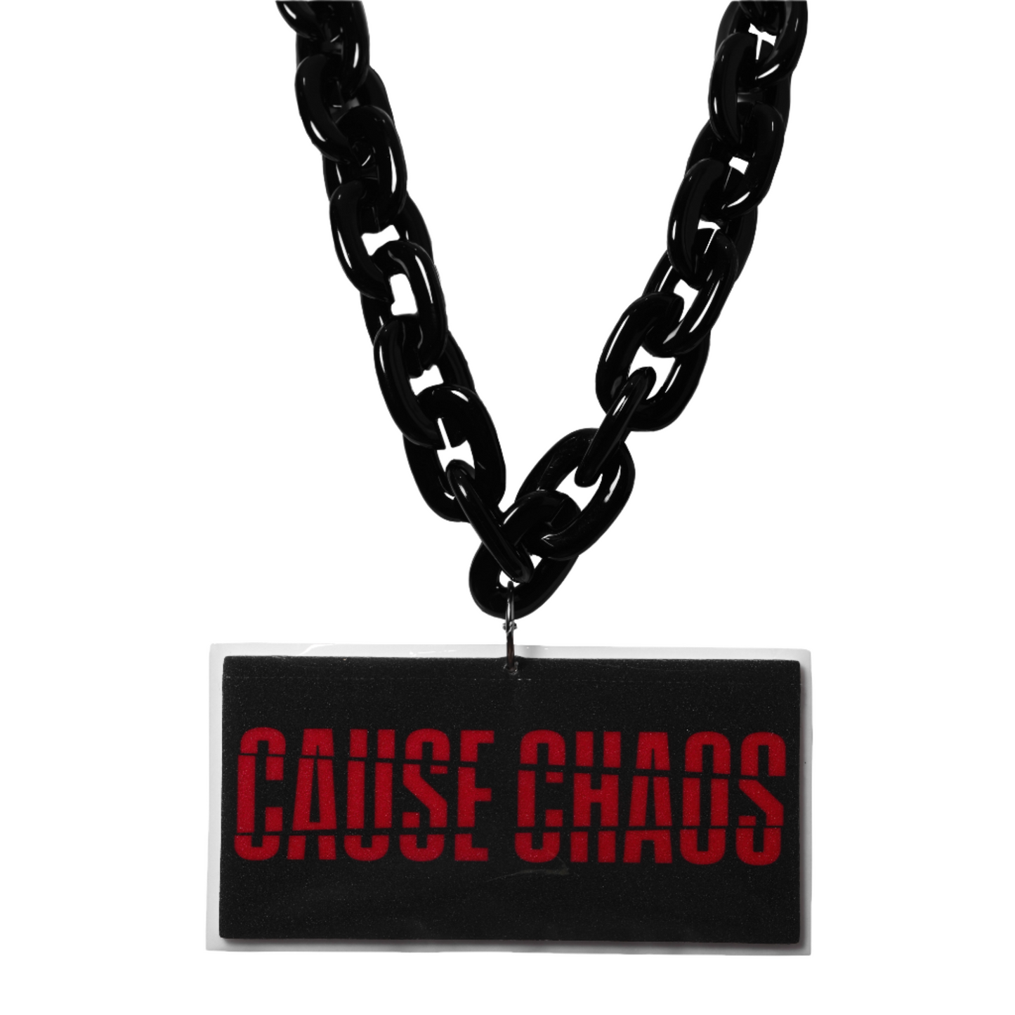 black chain with rectangular pendant that says Cause Chaos