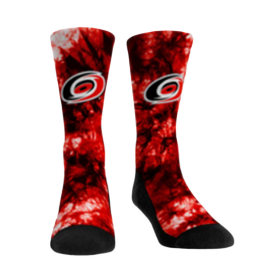 Red white and black tie dye socks with Hurricanes primary logo on front