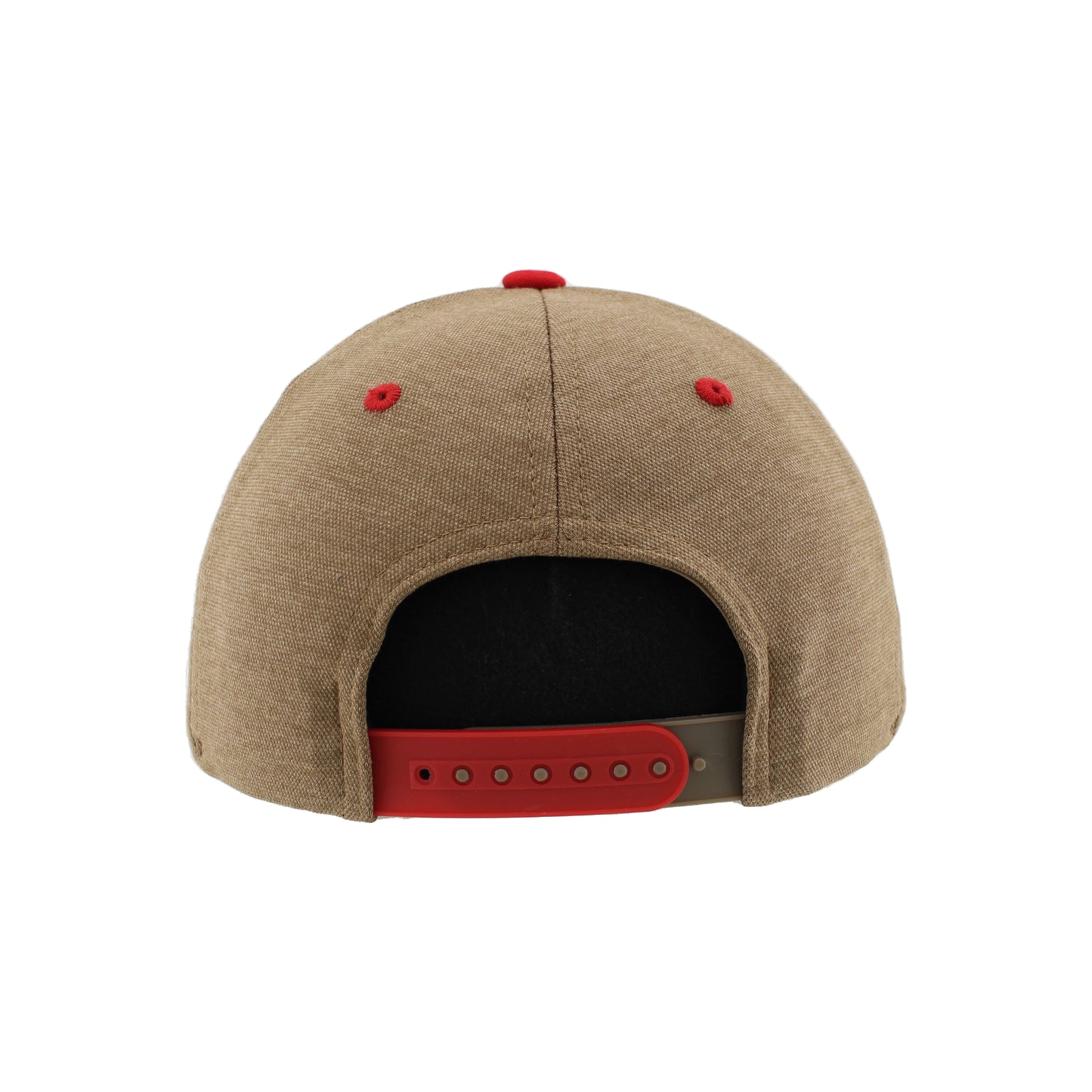 Back: Brown hat with red and brown snapback straps, red eyelets and crown