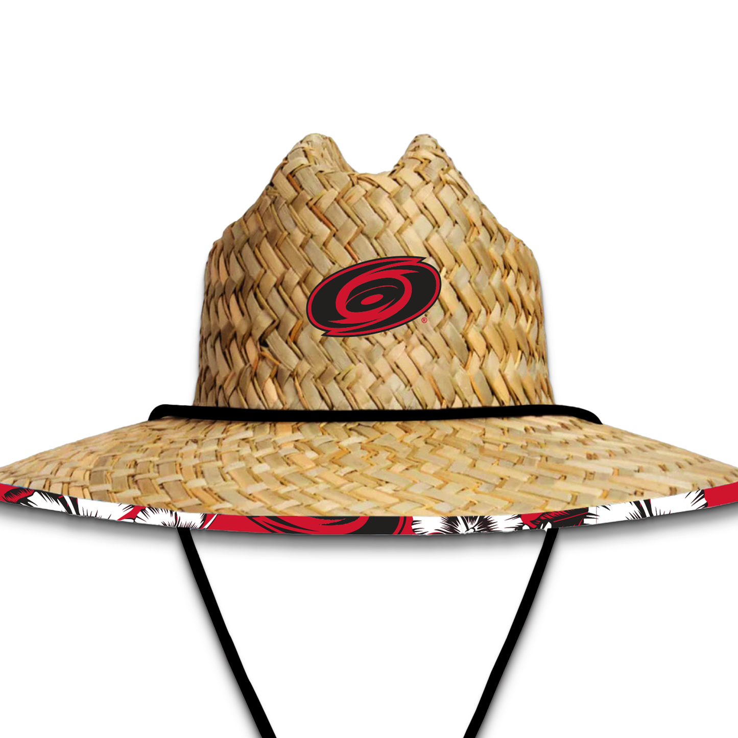 Straw hat with Tonal logo on front, draw string, red/white/black patterned underbrim