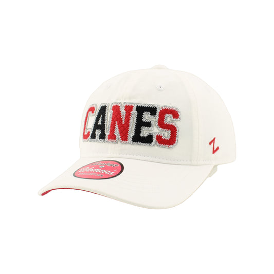 Front: White hat, "CANES" in red and black with silver glitter trim around lettering