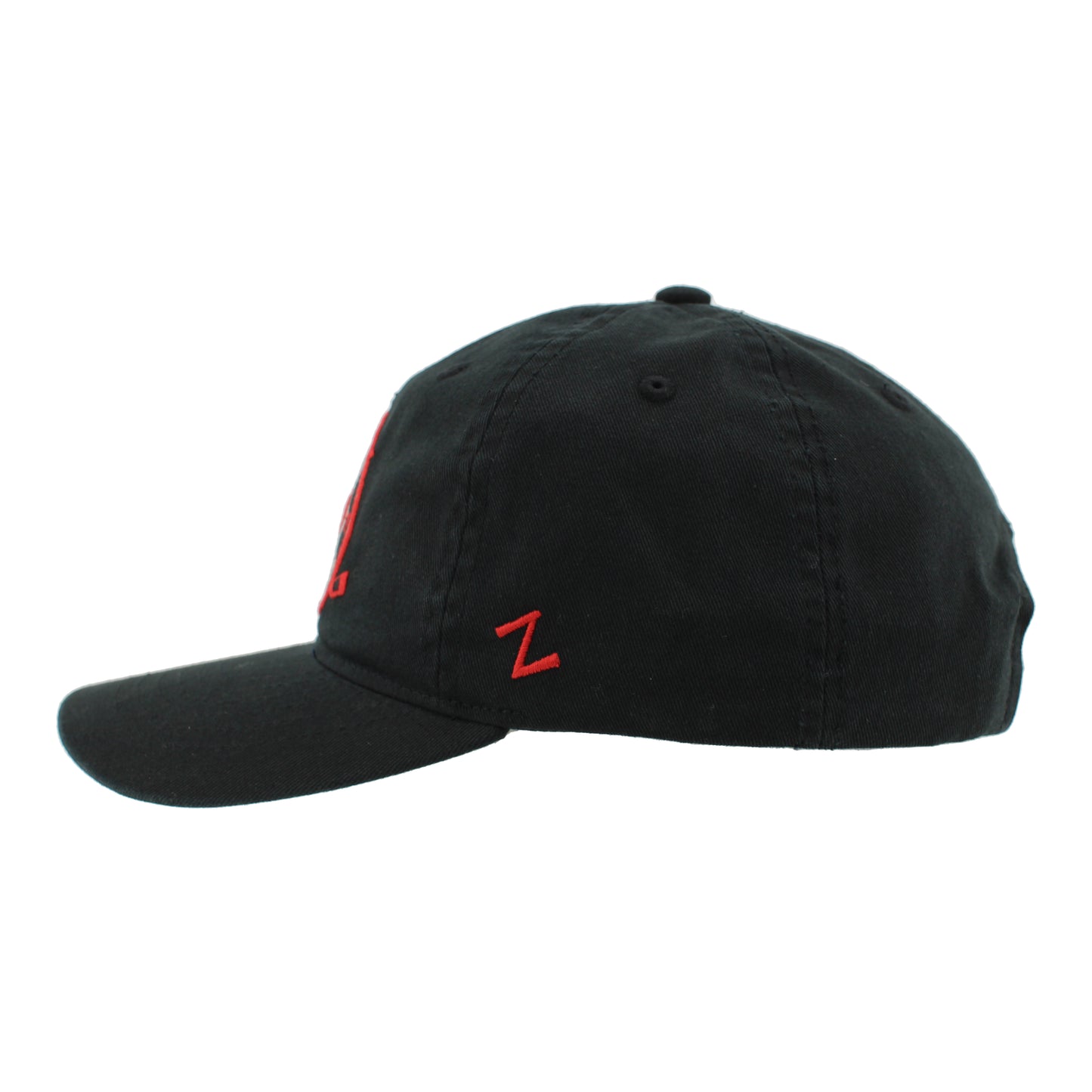 Left: Black hat with black brim, red Zephyr logo on left side