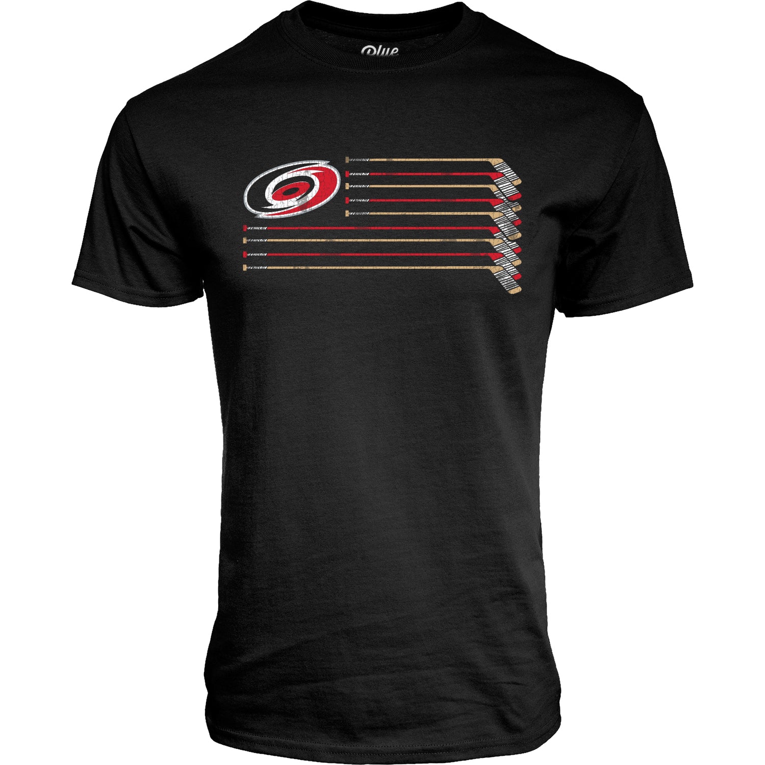 Black tee with USA-style flag; Primary logo in top left, hockey sticks representing stripes