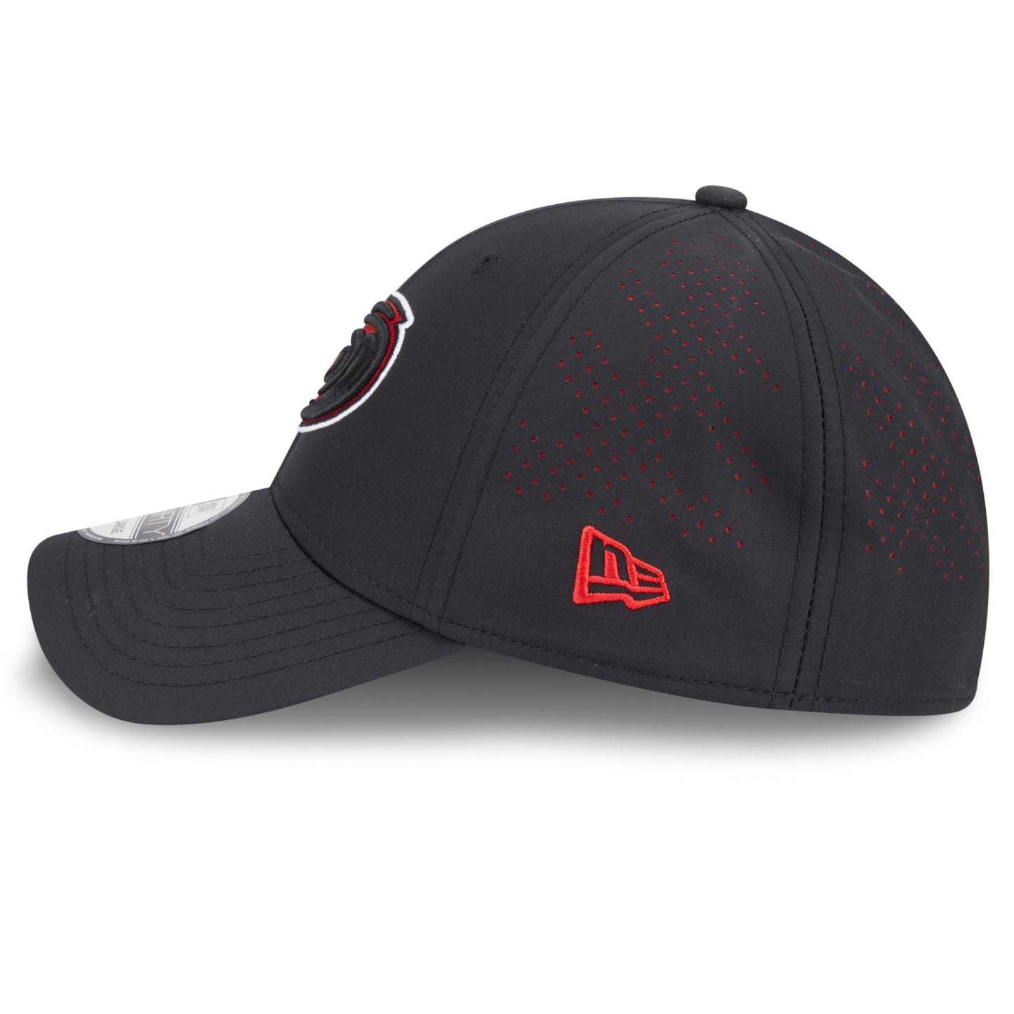 Left: Black fitted hat, red New Era logo on left side