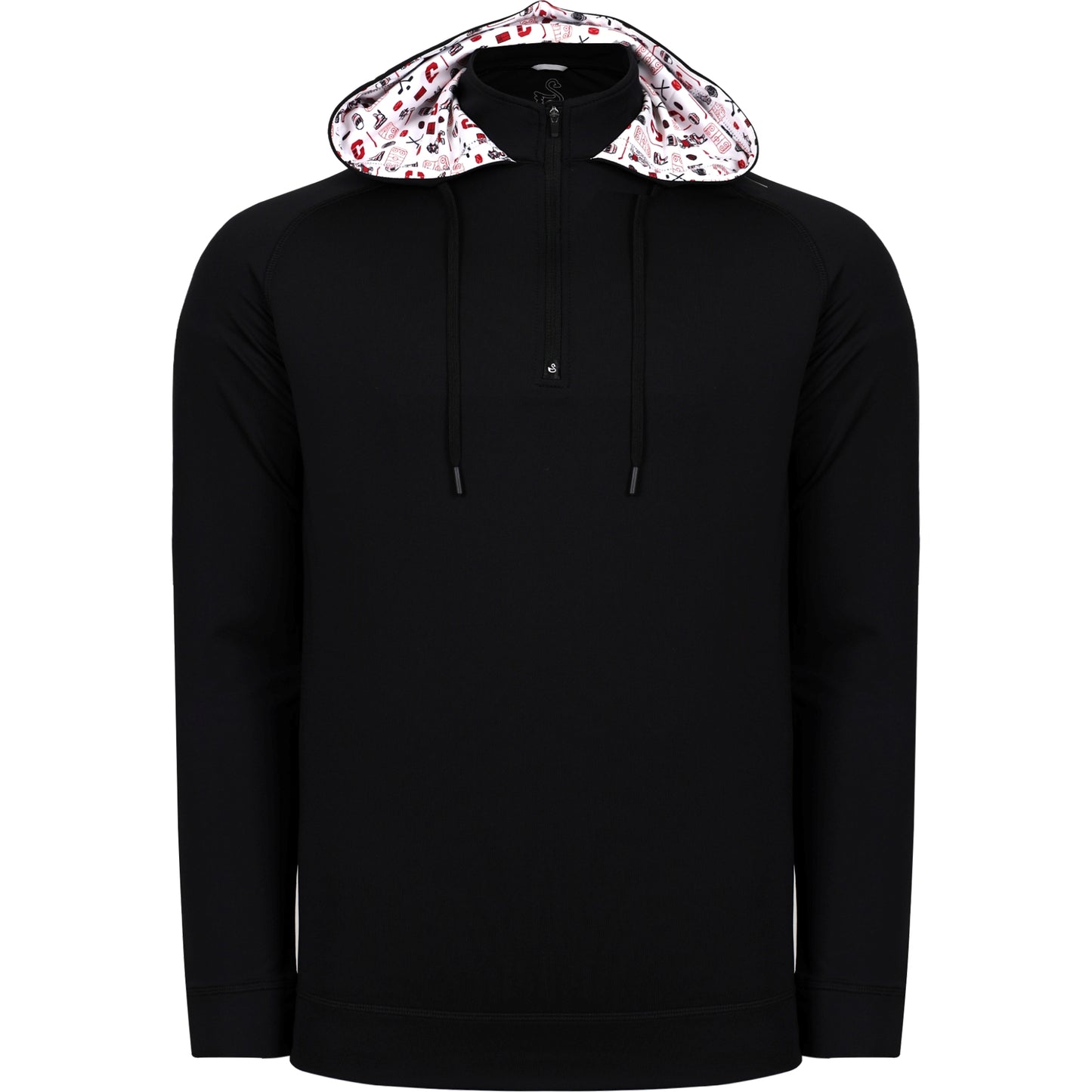 Front: Black half-zip hoodie, repeat road pattern in hood lining