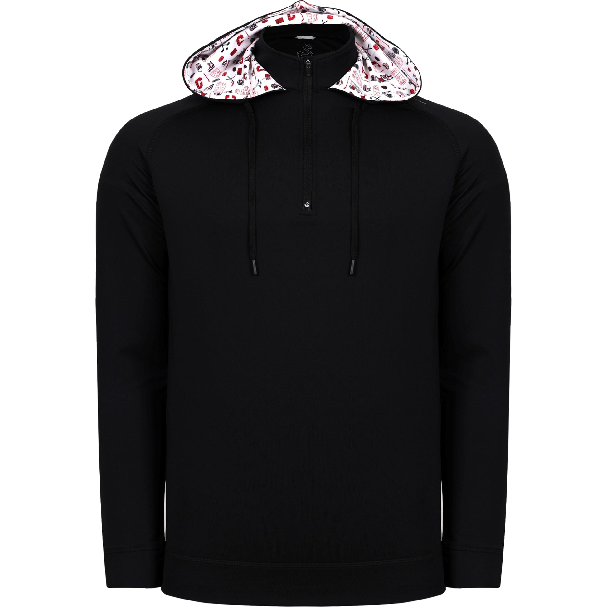 Front: Black half-zip hoodie, repeat road pattern in hood lining