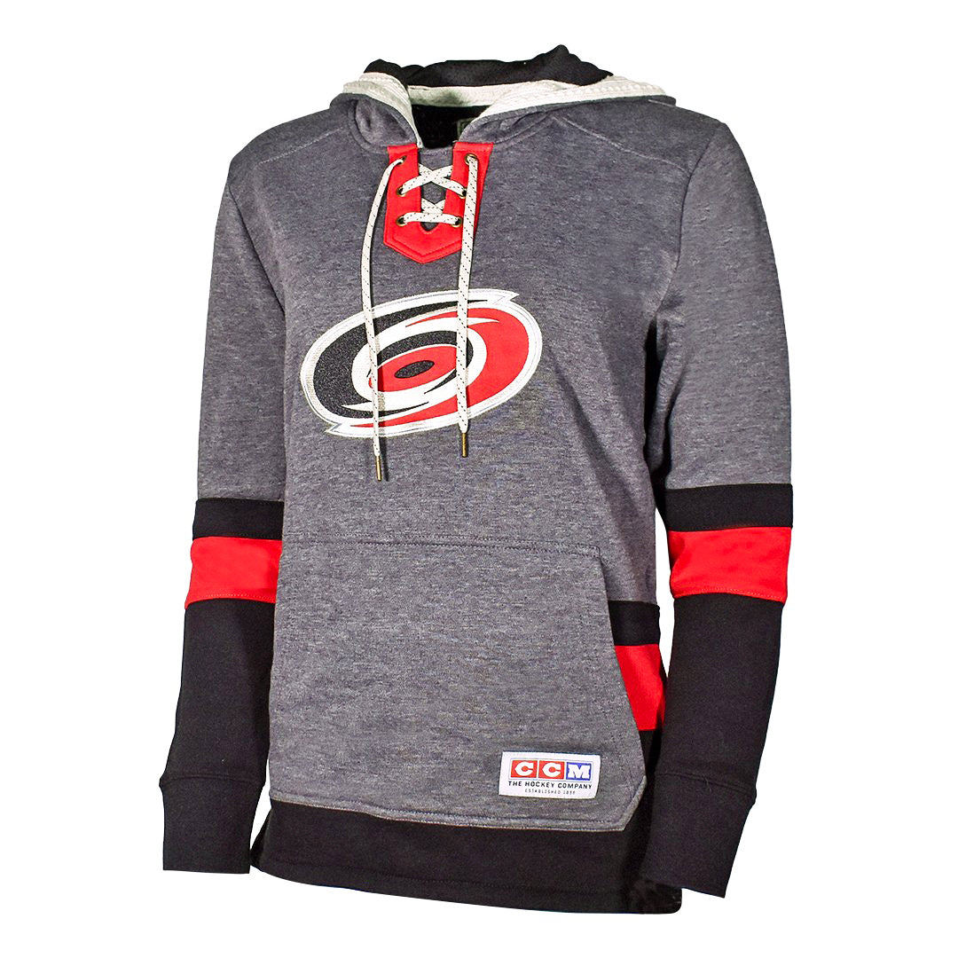 Front: Gray hood with black and red trim, primary logo on chest, white strings