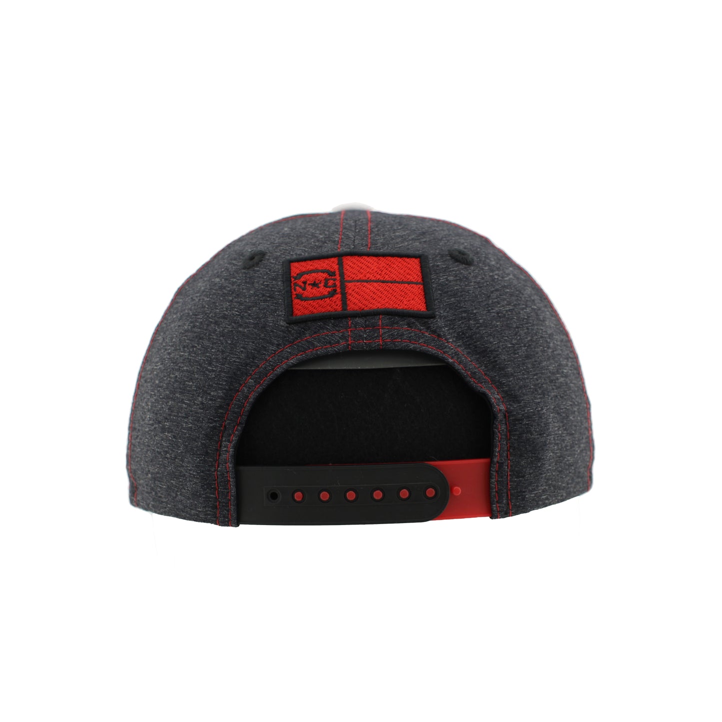 Back: Gray back of hat with black and red snapback straps, red NC flag logo