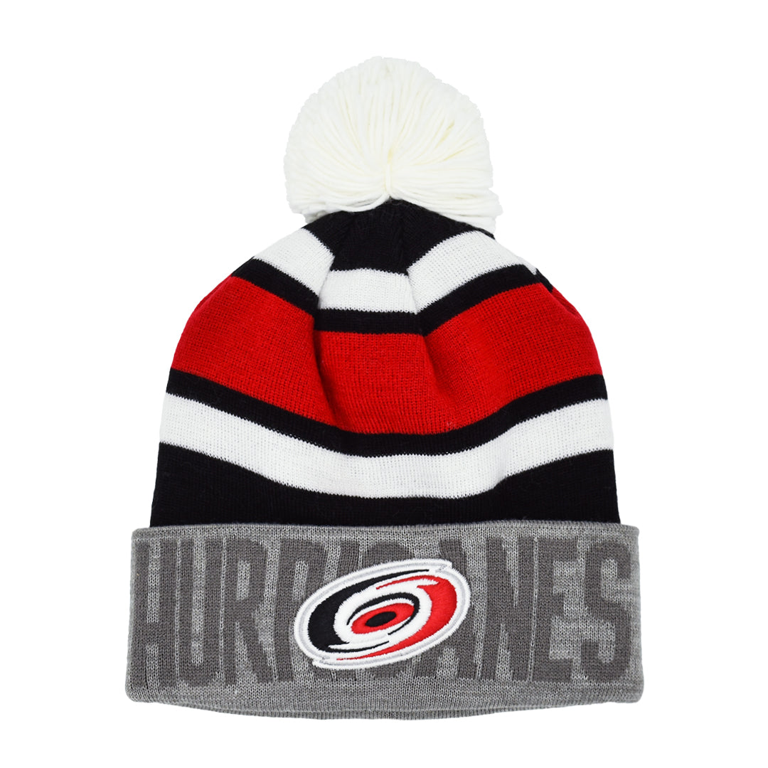 Black, red, white beanie with gray cuff, says Hurricanes in gray on cuff with primary logo