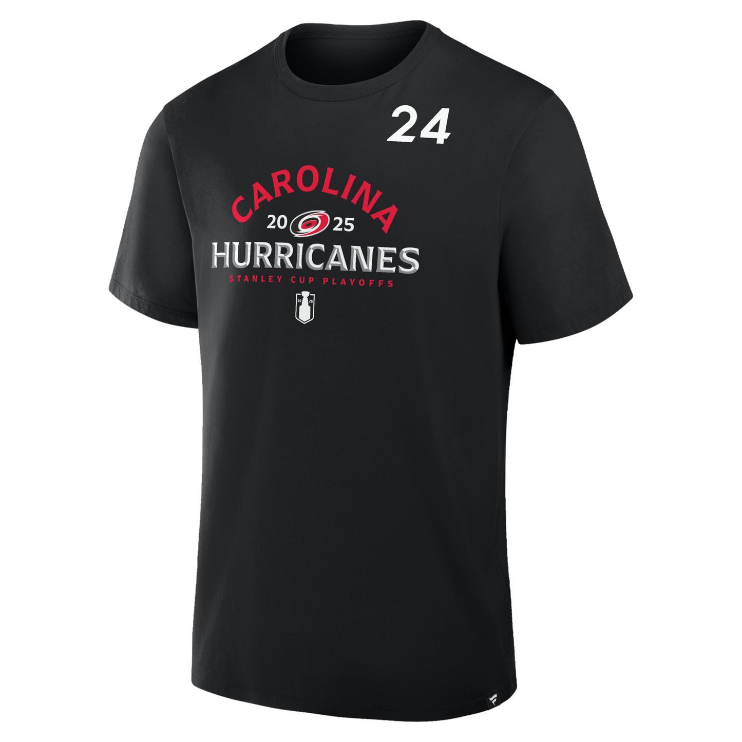 Front: Black tee, Carolina Hurricanes 2025 Playoffs graphic on front, "24" on left chest
