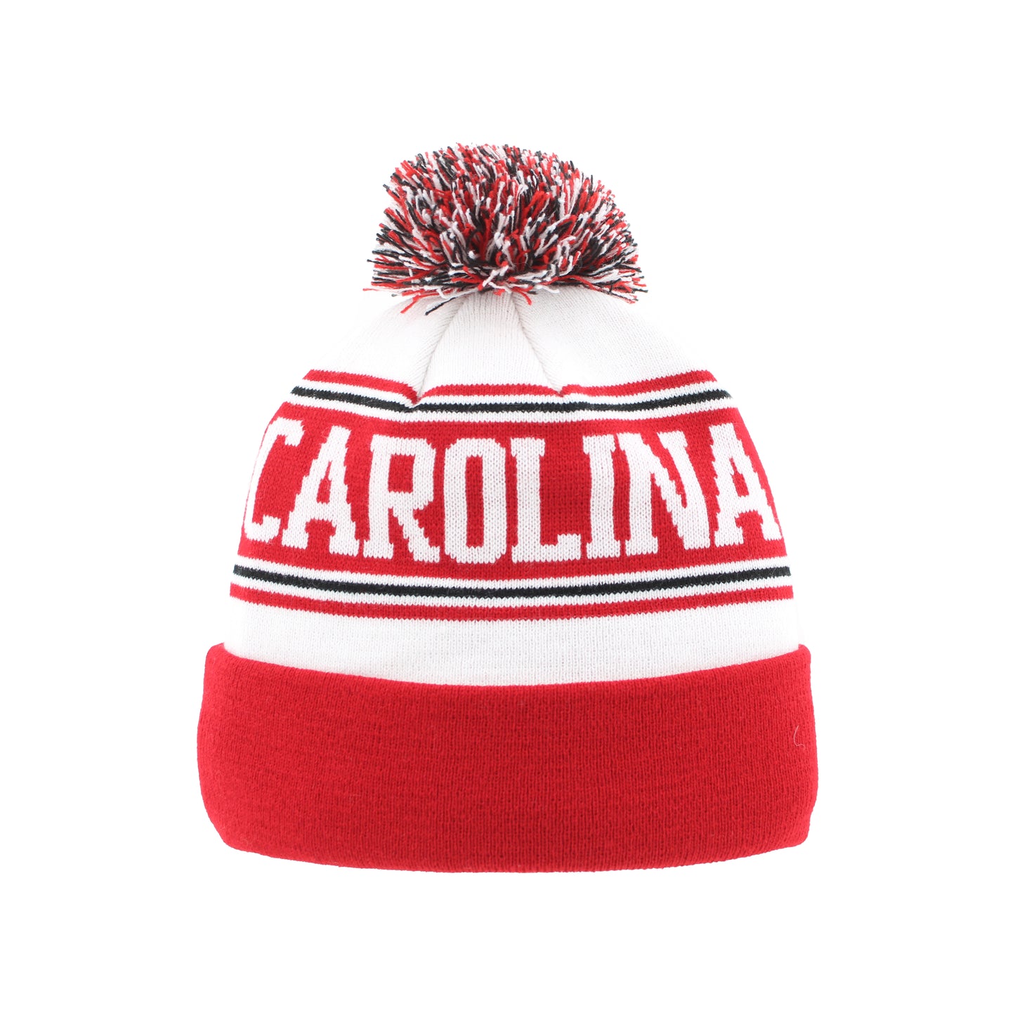 White beanie, red cuff, tri-colored pom, "CAROLINA" across back