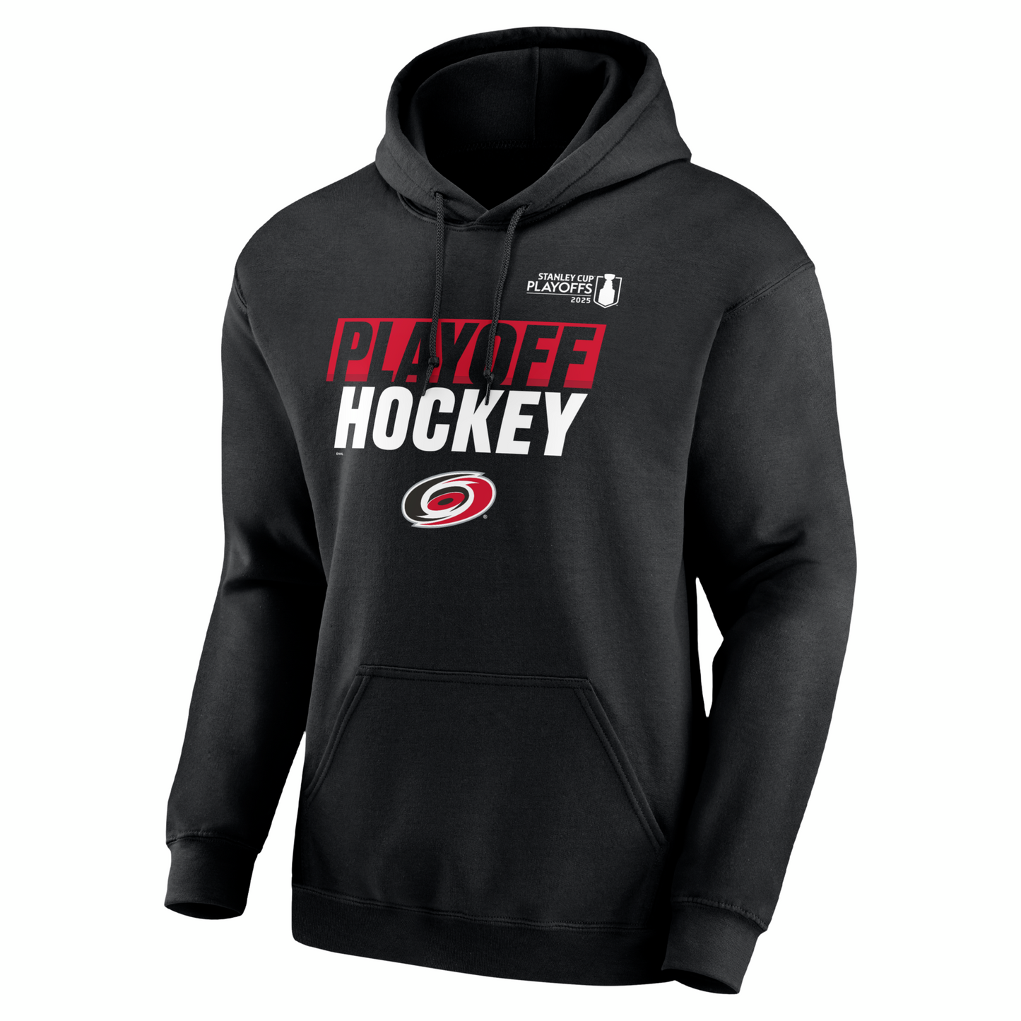 Front: Black hoodie, says Playoff Hockey in red and white with primary logo across chest