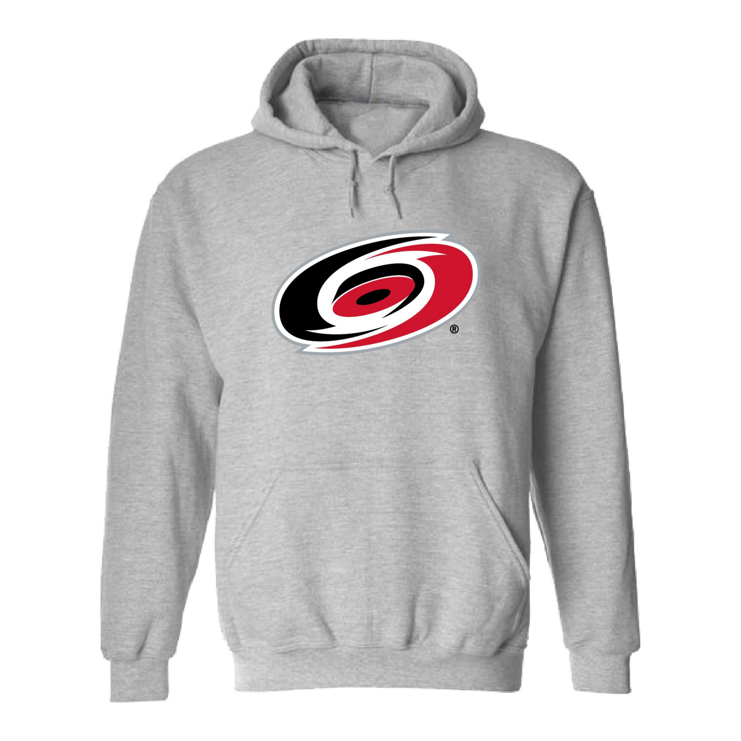 Front: Grey hoodie with grey strings, Hurricanes primary logo across front