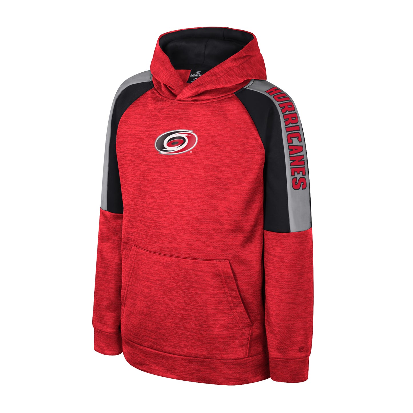 Red hood with black, gray, red sleeves, says Hurricanes on shoulders, Primary logo on chest