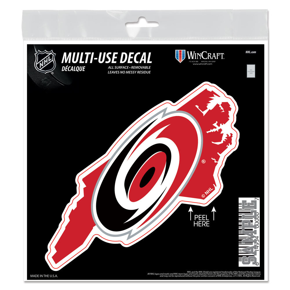 Decal of the North Carolina outline in red with Hurricanes primary logo inside middle