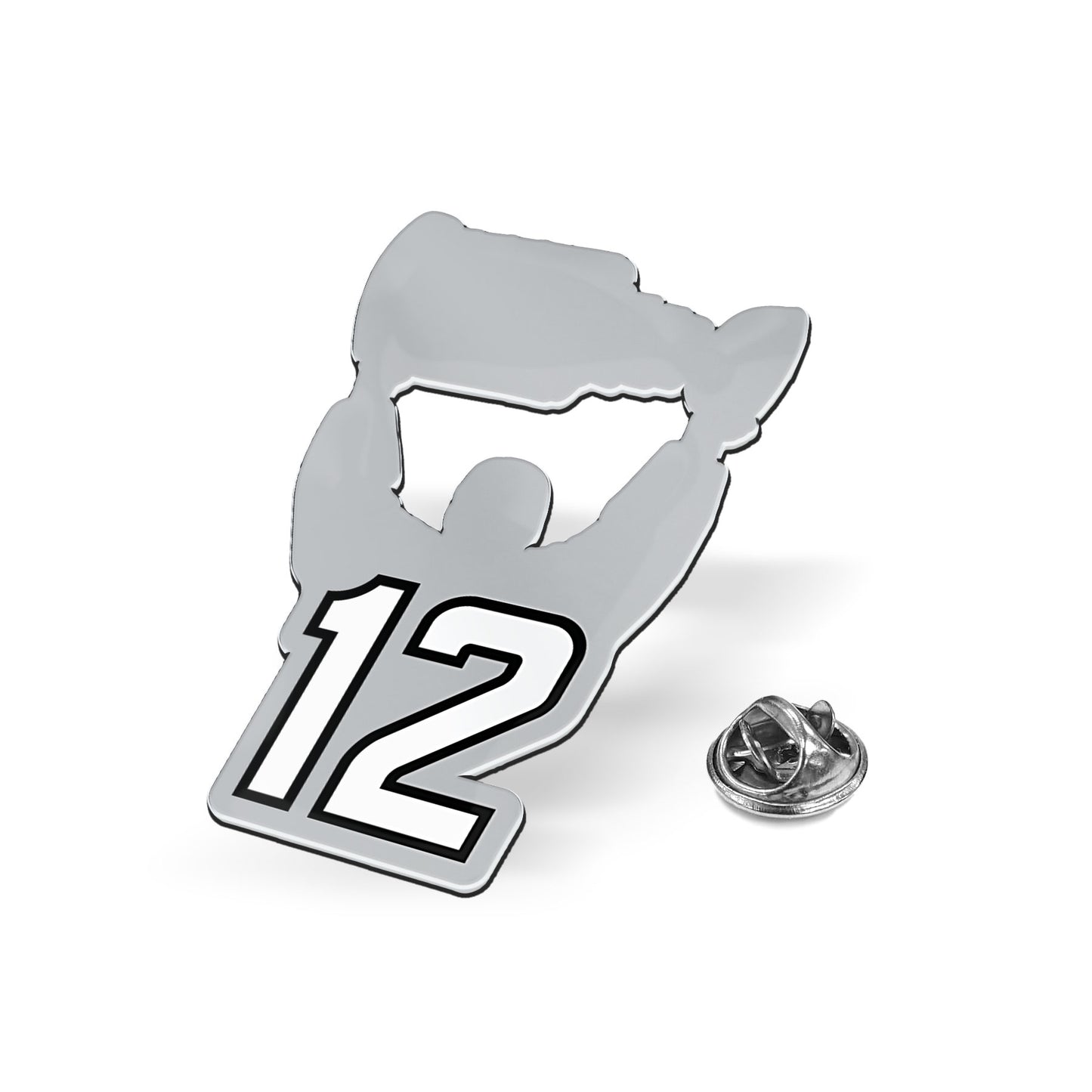 Silver pin depicting Staal raising the Stanley Cup with his #12 on pin