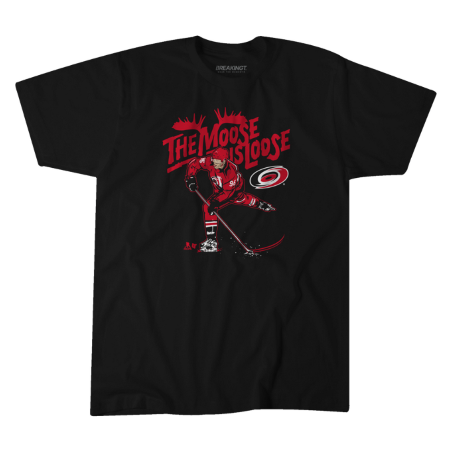 Black tee with graphic of Mikko Rantanen that says "The Moose is Loose" in red