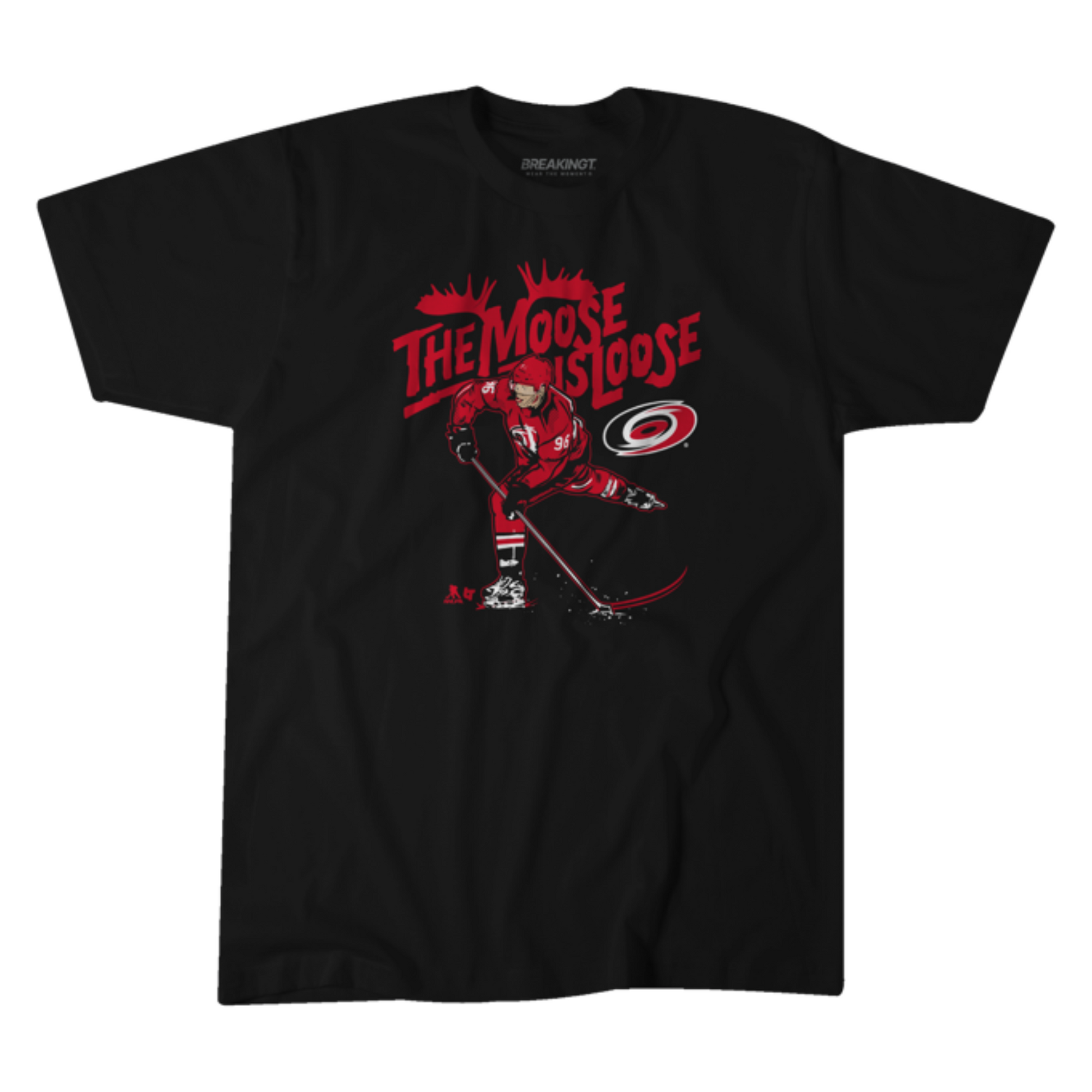 Black tee with graphic of Mikko Rantanen that says "The Moose is Loose" in red