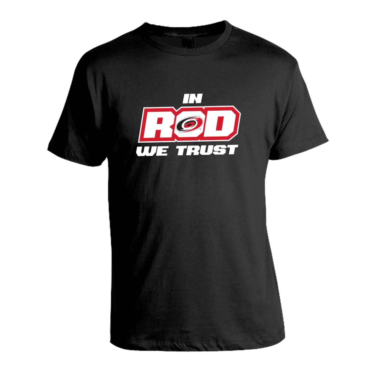 Black tee with In Rod We Trust graphic on front in white and red