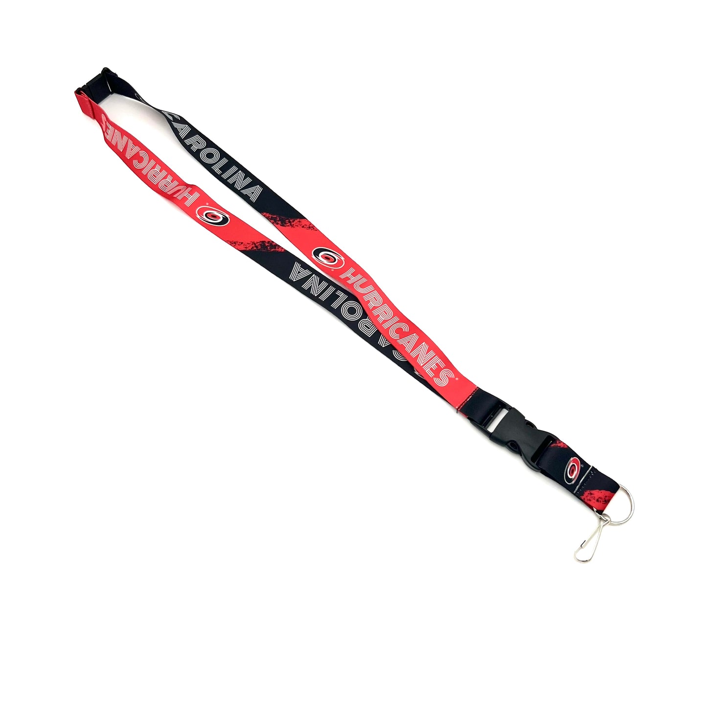 Red and black lanyard that says Carolina Hurricanes in white with primary logo
