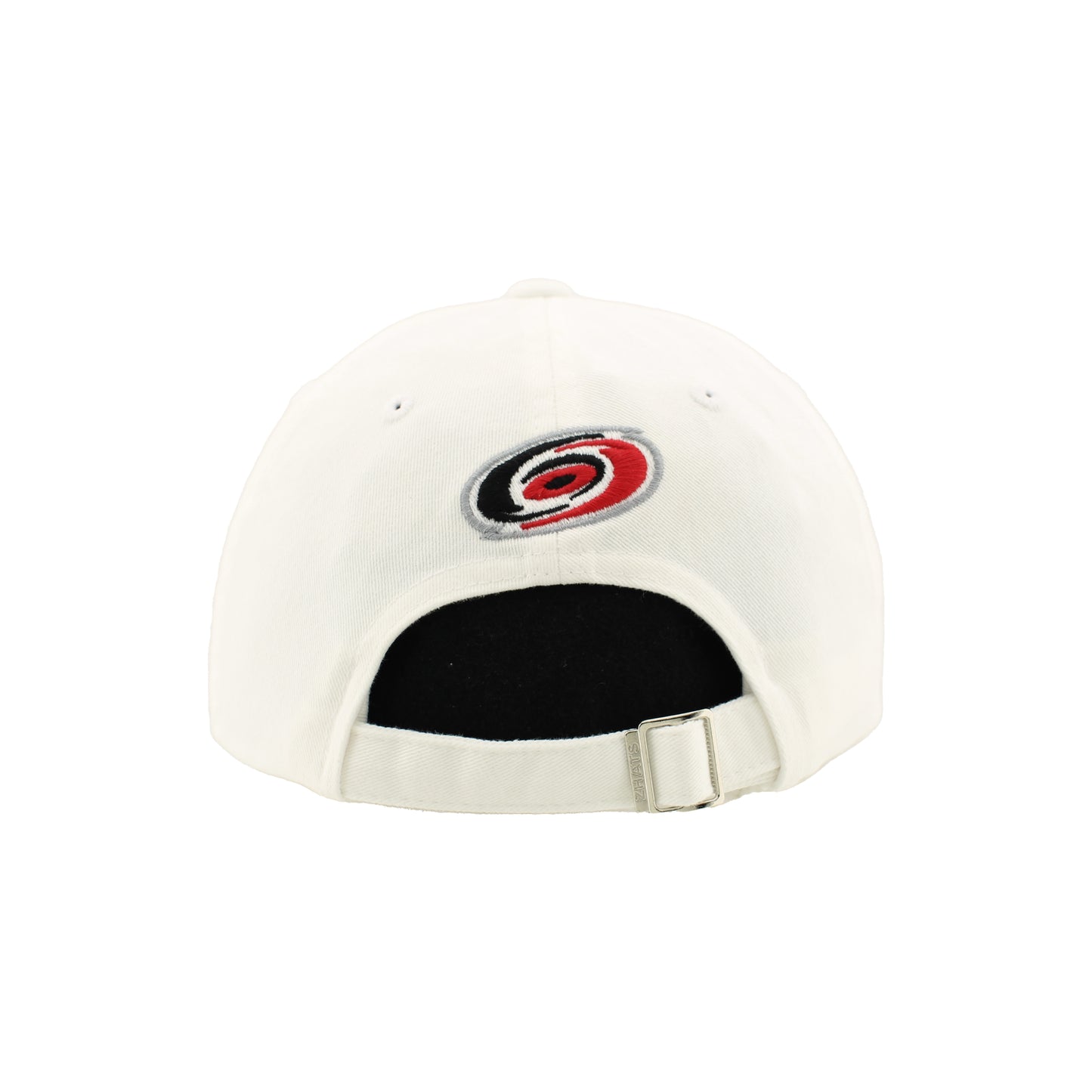 Back: White hat with adjustable strap and metal clasp, Hurricanes primary logo above strap