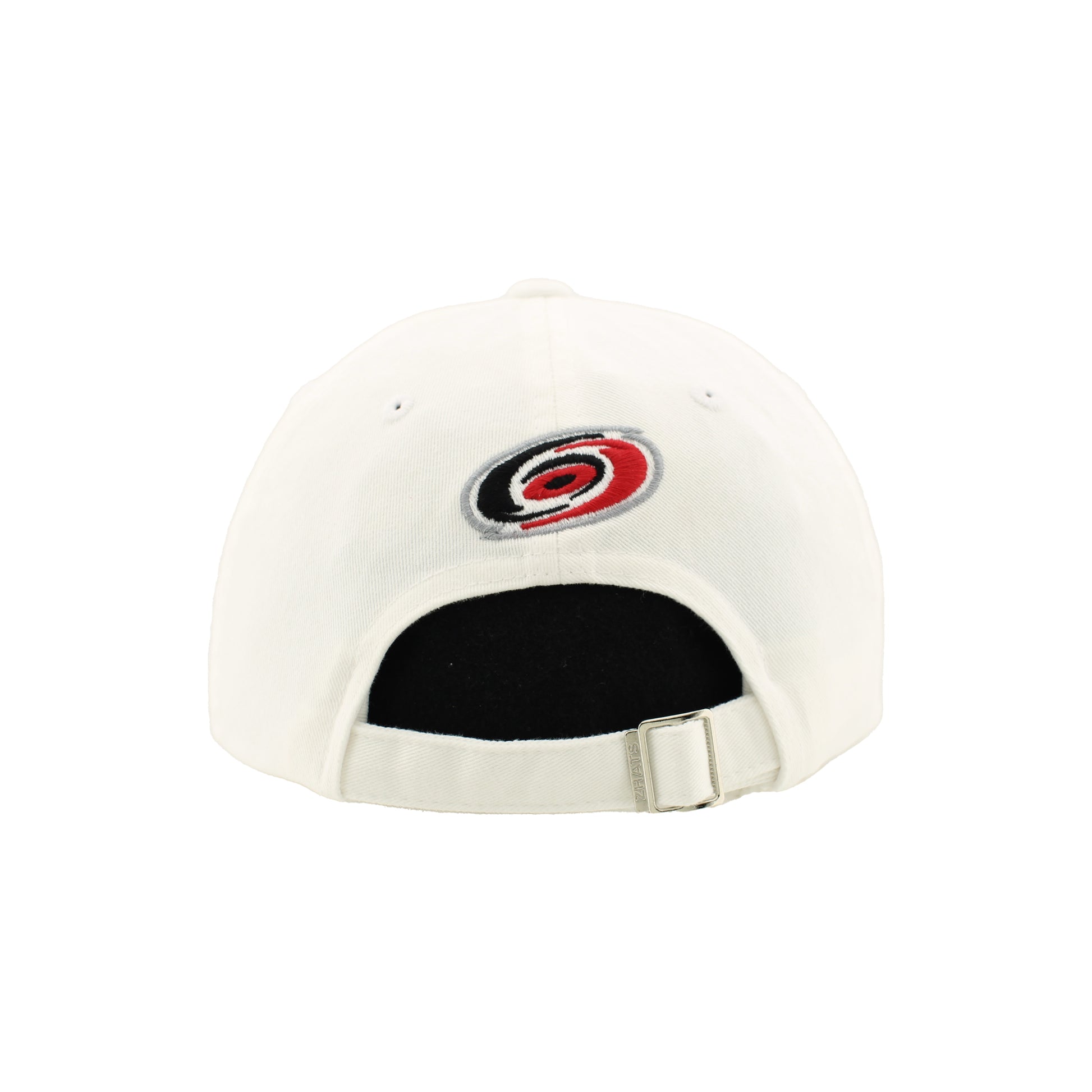 Back: White hat with adjustable strap and metal clasp, Hurricanes primary logo above strap
