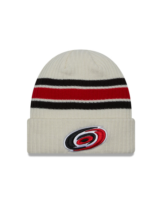 White cuffed beanie with Hurricanes logo on cuff and black and red stripes on beanie