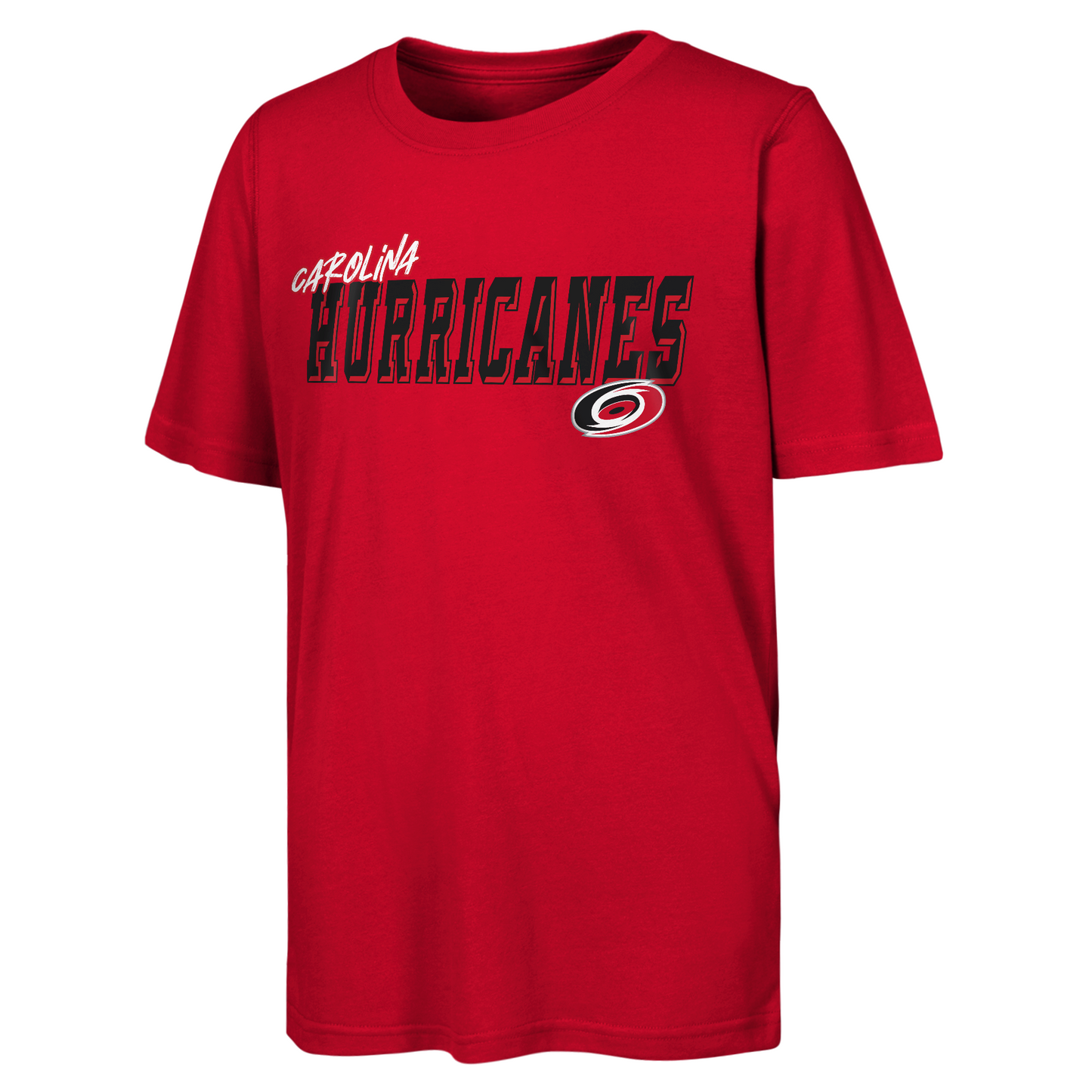 Front: Red tee, says Carolina in white, Hurricanes in black, with primary logo on front
