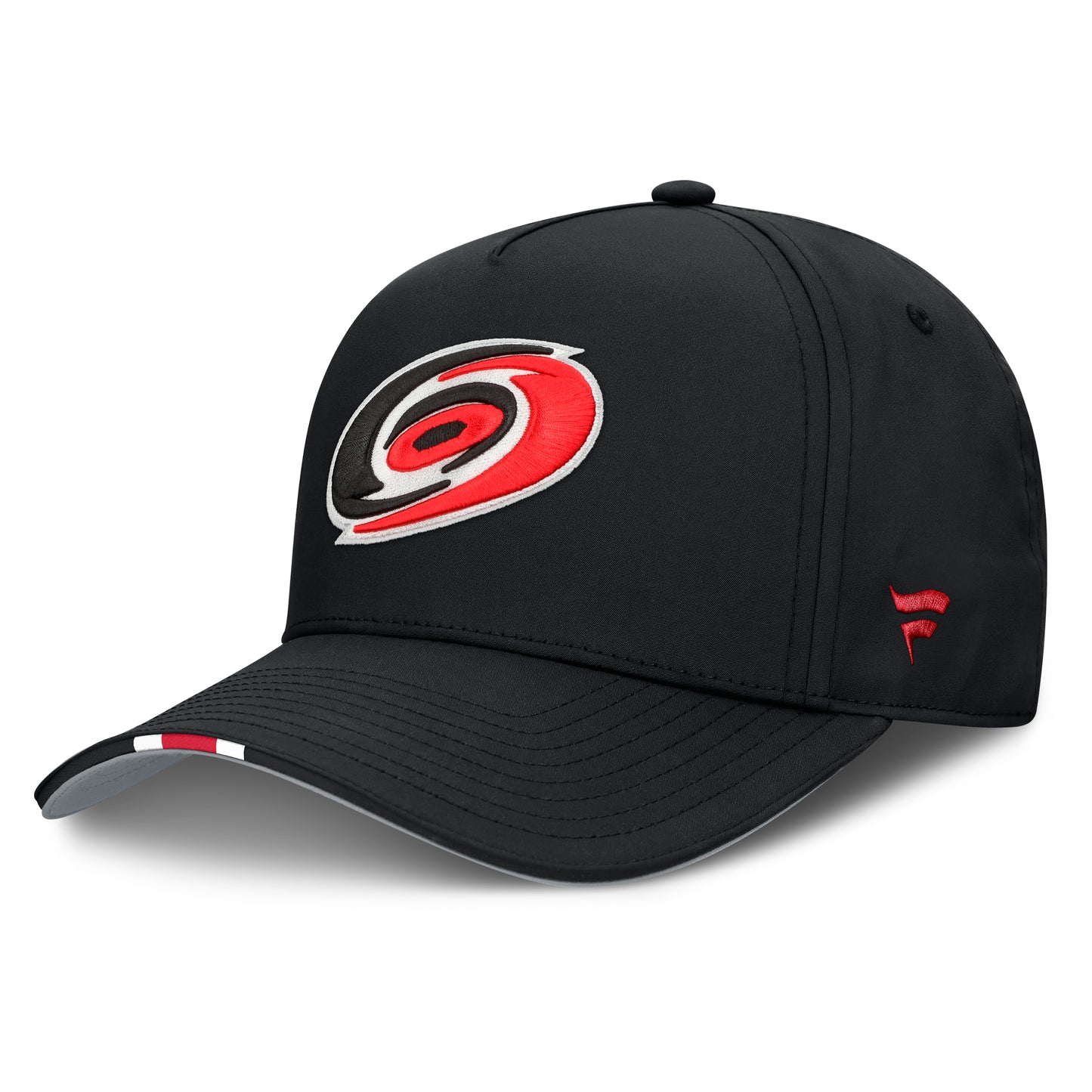 Left: Black hat, primary logo on front, red Fanatics logo on left