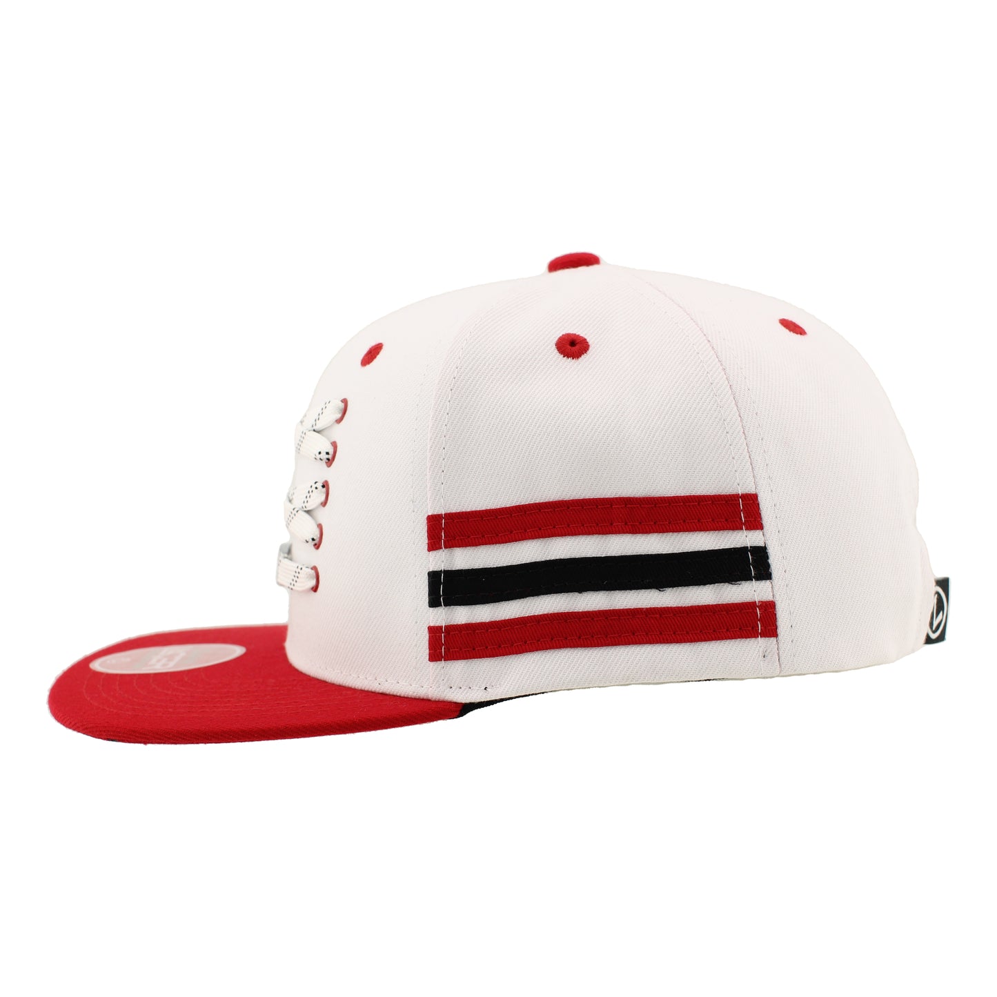 Left: Red eyelets and crown, red white and black striping rectangle on left and right sides