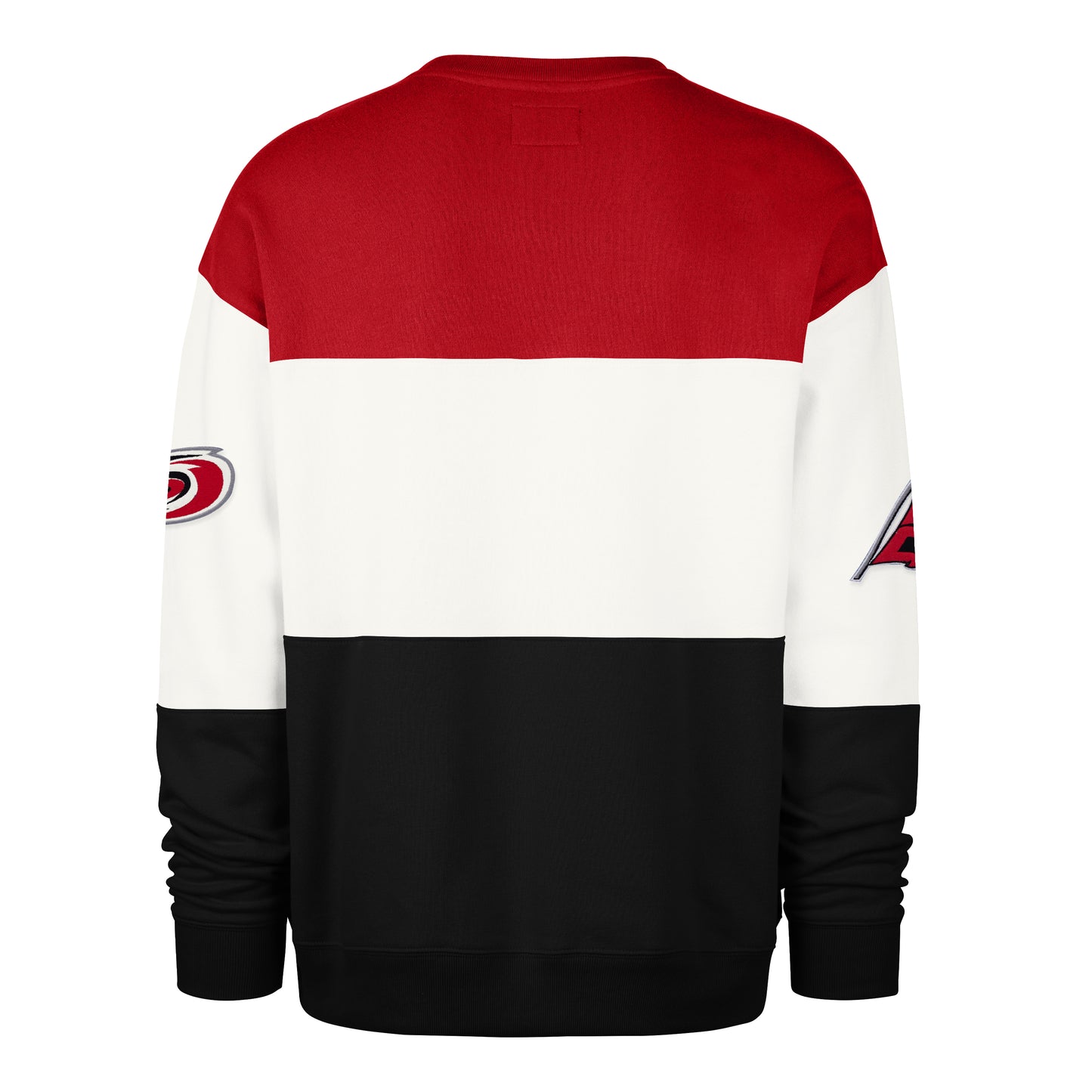 Back: Red, white, black crew; Primary logo on left sleeve, Flags logo on right